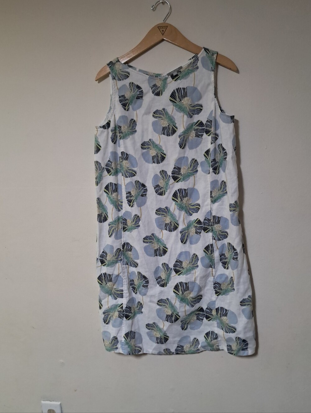 Habitat Linen-Cotton White Floral-Print Sleeveless Shift Dress Pockets Sz. Small